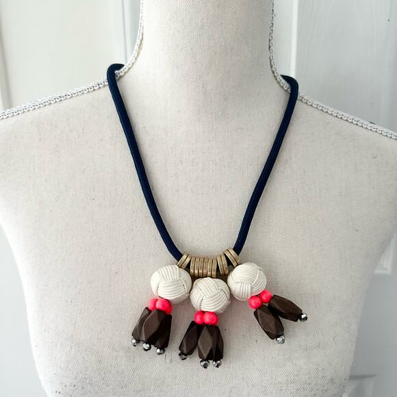 JCrew Nautical Long Cording Rope Ball Wooden Bead Statement Beach Boho Necklace - Picture 1 of 6